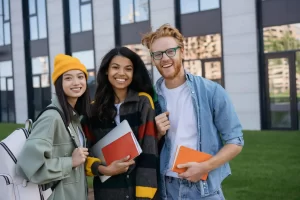 Three young adults on their first day of college